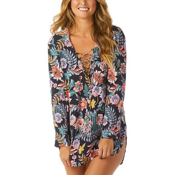 NWT RAISINS Colorful Floral Print Lace Up Front Hooded Swim Cover Up Size XL - Picture 1 of 8